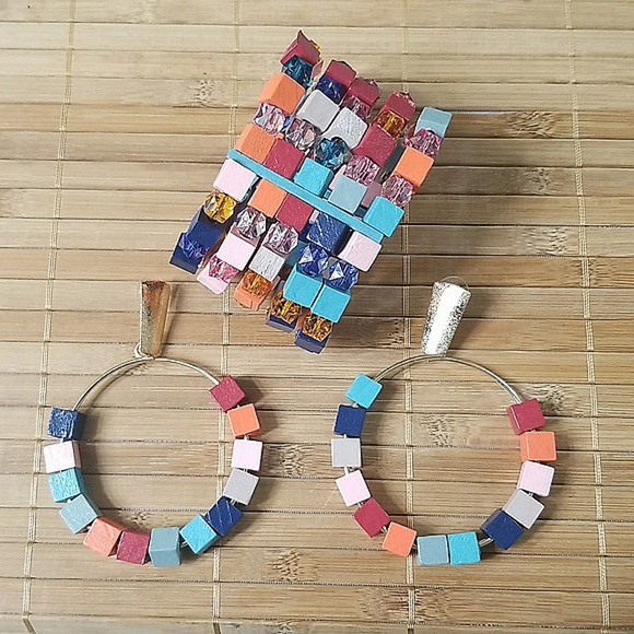 Boho Cubed Wood Earrings and Bracelet Set - Picture 3 of 6